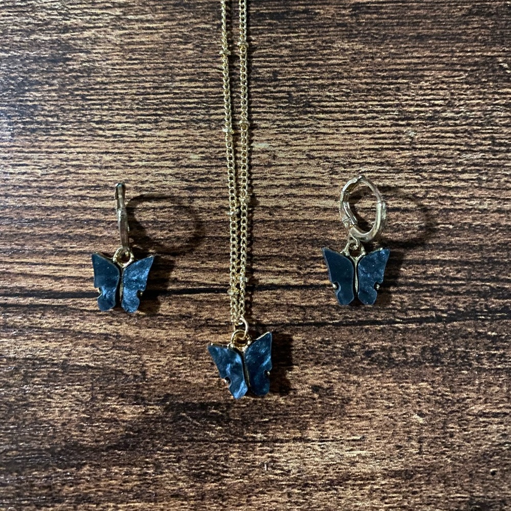 Black butterfly earrings and necklace set